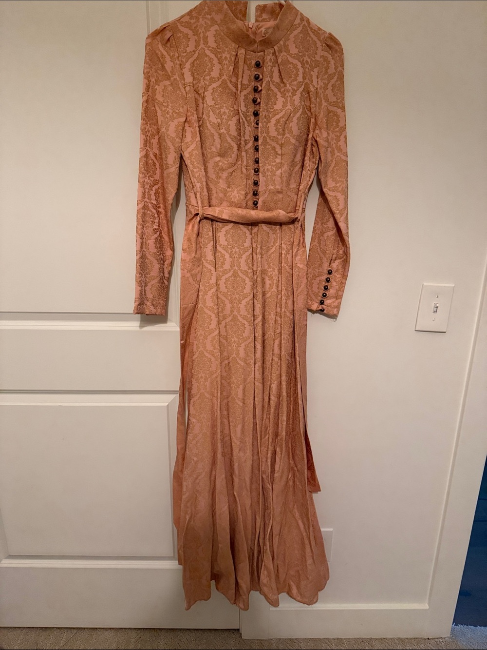 Elegant Long-Sleeve Peach Lace Maxi Dress with Belt